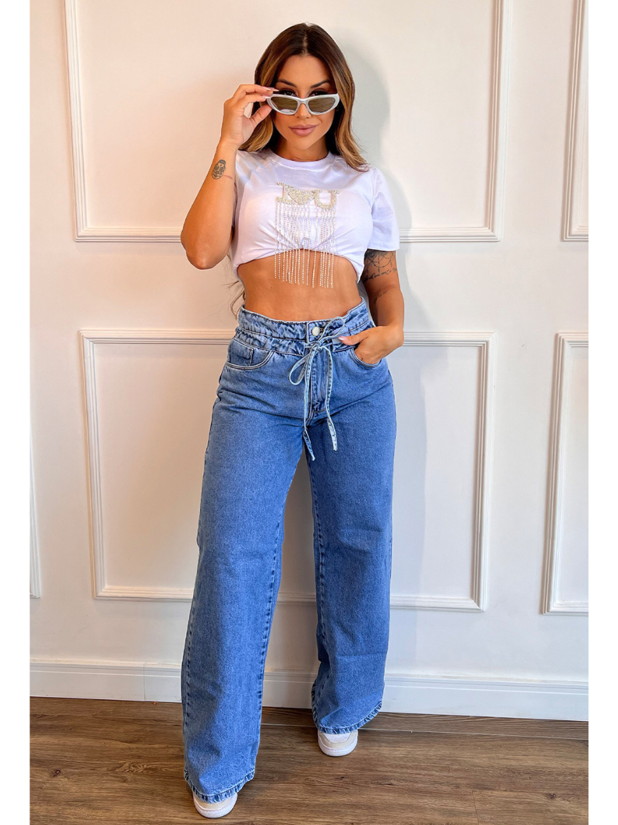 Calça Jeans Wide Leg Modern com Regulagem na Cintura