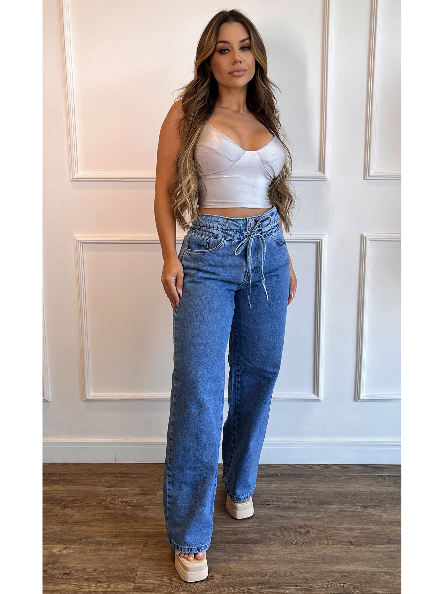 Calça Jeans Wide Leg Modern com Regulagem na Cintura