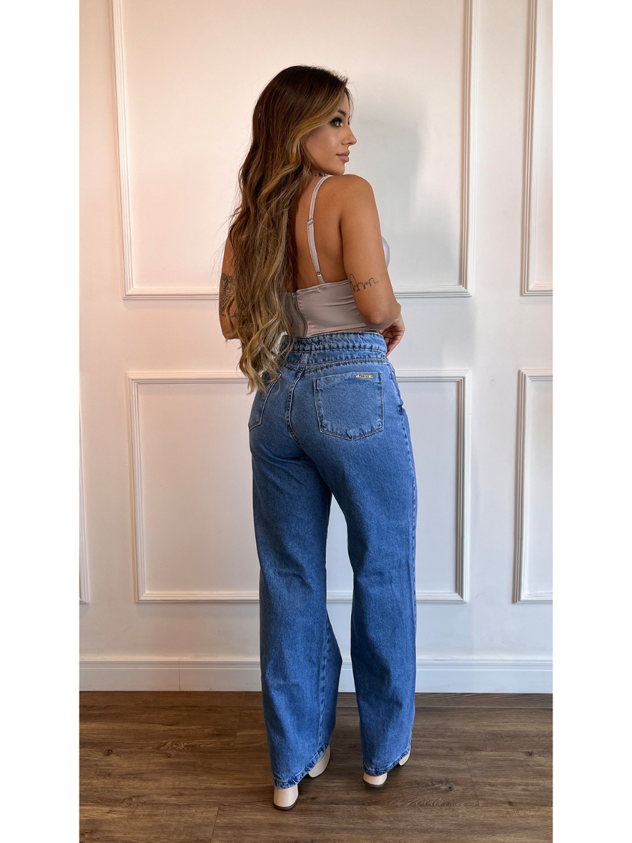 Calça Jeans Wide Leg Modern com Regulagem na Cintura