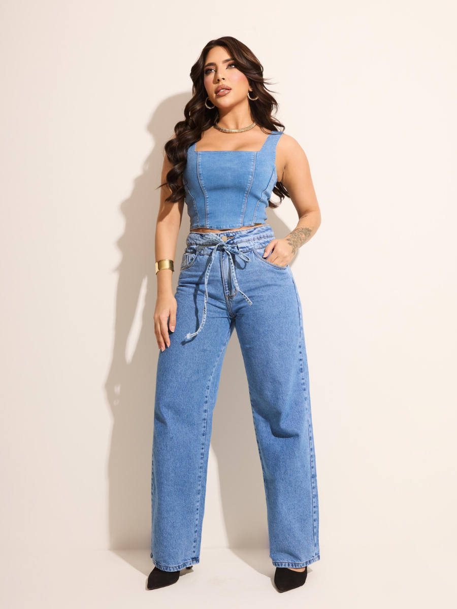 Calça Jeans Wide Leg Modern com Regulagem na Cintura