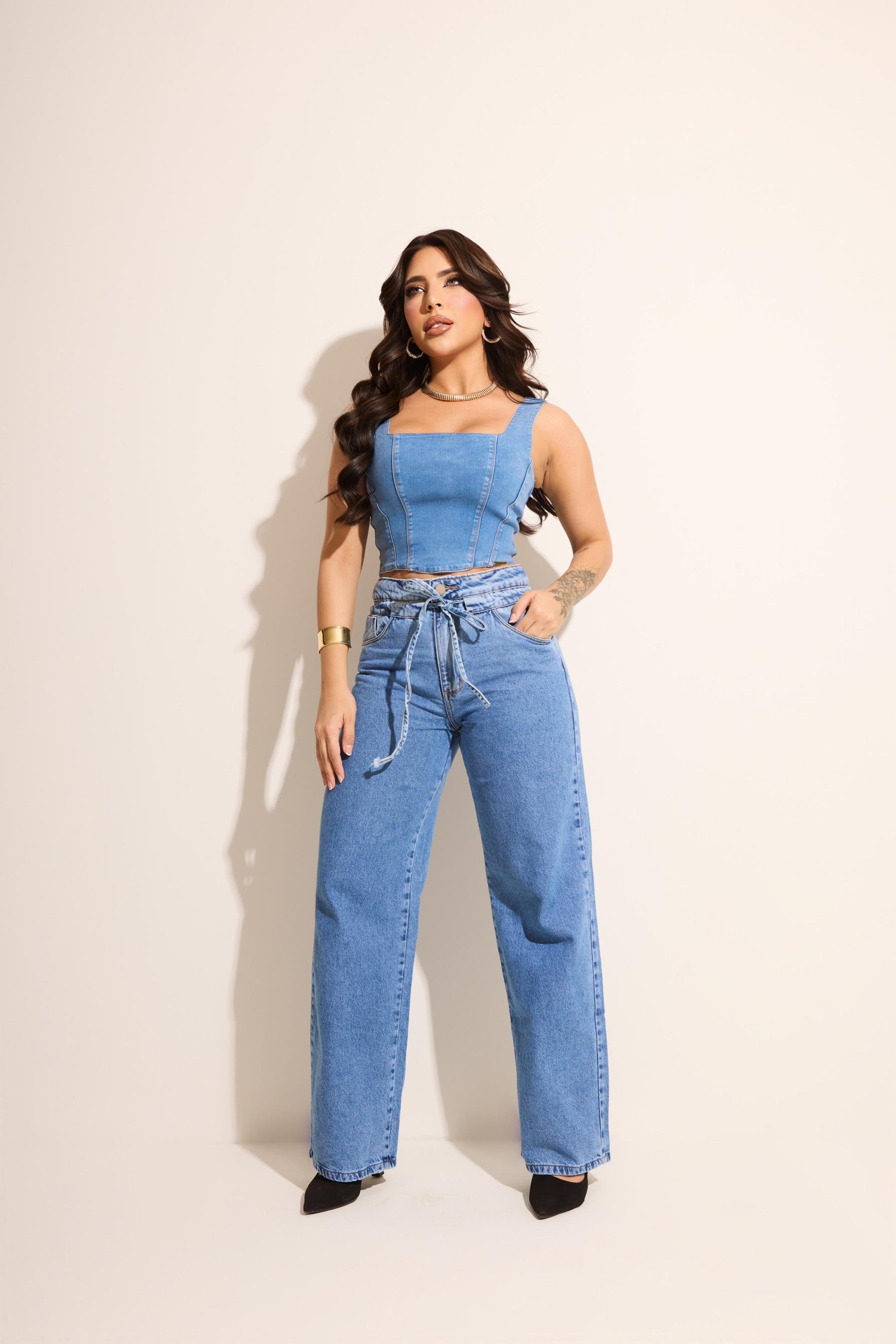 Calça Jeans Wide Leg Modern com Regulagem na Cintura